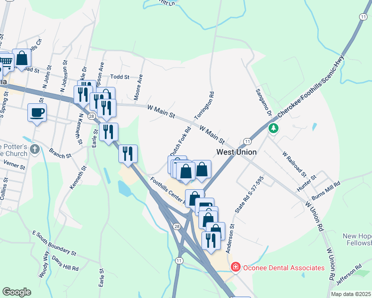 map of restaurants, bars, coffee shops, grocery stores, and more near 315 Dutch Fork Road in West Union