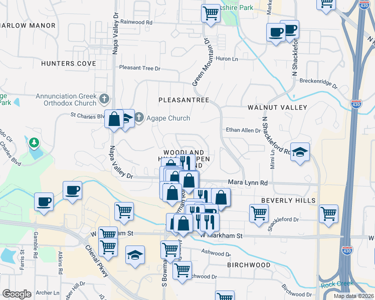 map of restaurants, bars, coffee shops, grocery stores, and more near 38 Forest Circle in Little Rock