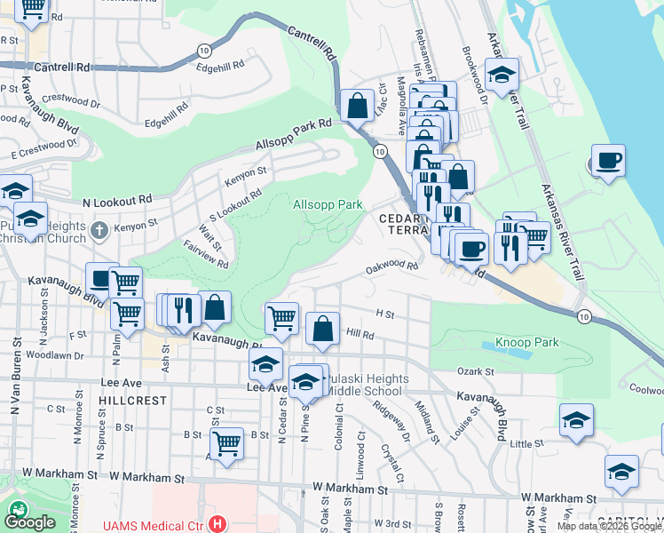 map of restaurants, bars, coffee shops, grocery stores, and more near 3800 Oakwood Road in Little Rock