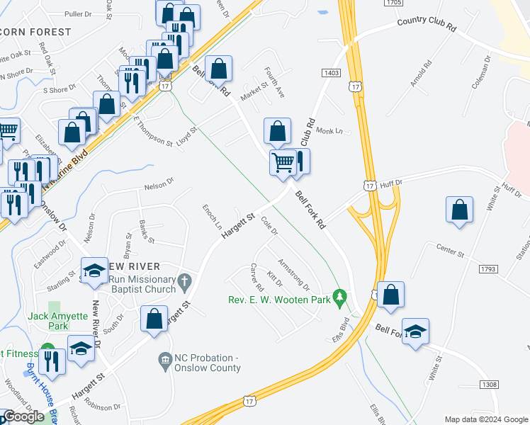 map of restaurants, bars, coffee shops, grocery stores, and more near 1800 Hargett Street in Jacksonville