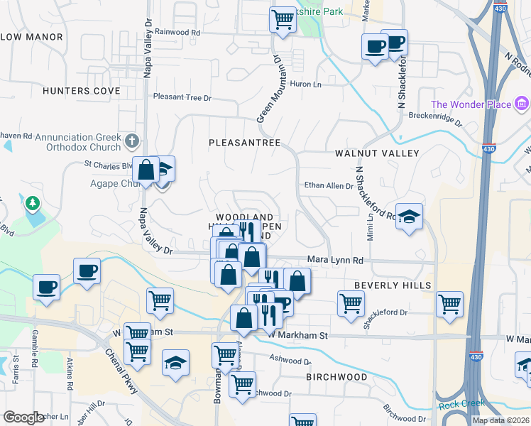 map of restaurants, bars, coffee shops, grocery stores, and more near 26 Forest Circle in Little Rock