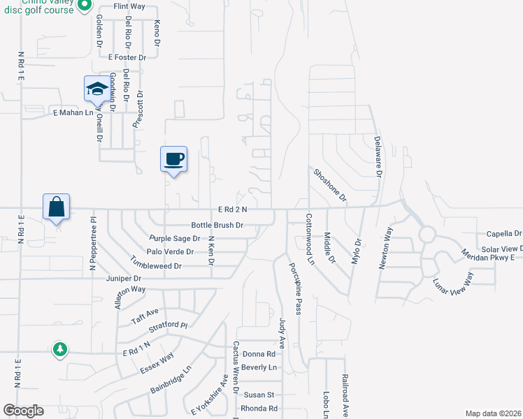 map of restaurants, bars, coffee shops, grocery stores, and more near East Road 2 North in Chino Valley