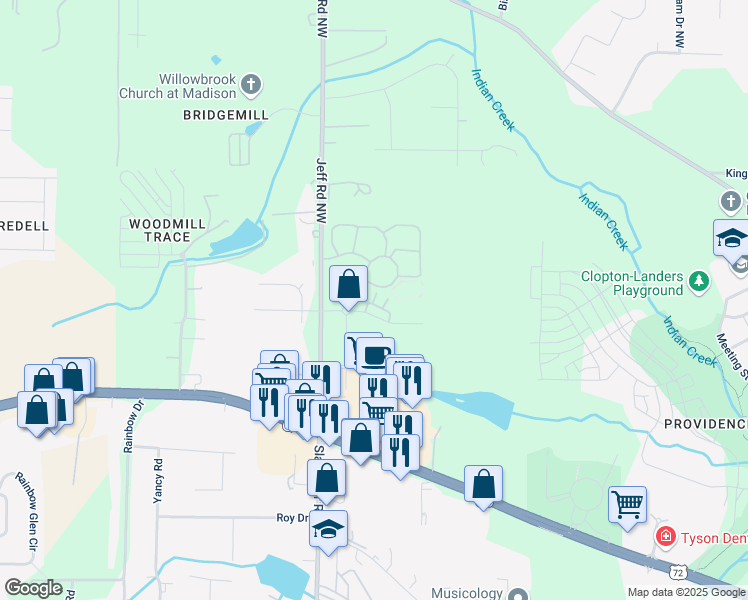 map of restaurants, bars, coffee shops, grocery stores, and more near 7000 Back Nine Road in Huntsville
