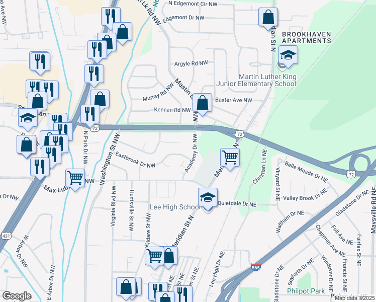 map of restaurants, bars, coffee shops, grocery stores, and more near 2609 Academy Drive Northwest in Huntsville