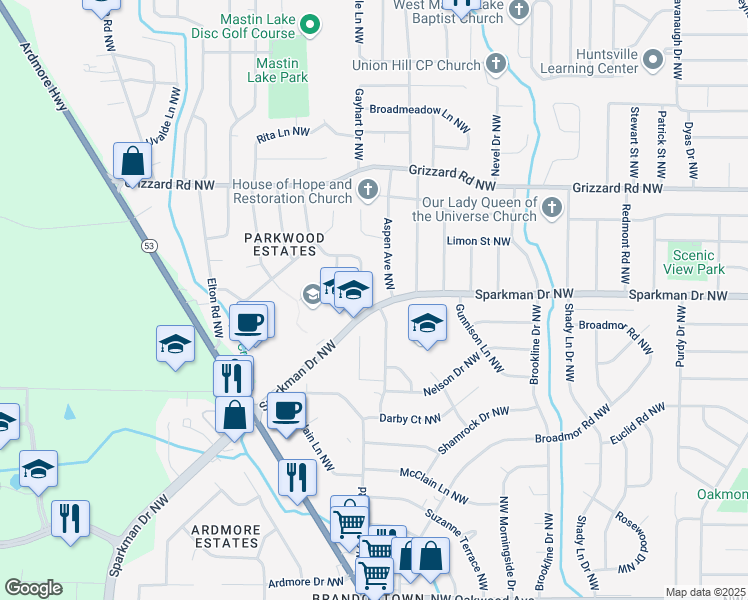 map of restaurants, bars, coffee shops, grocery stores, and more near 2513 Barney Terrace Northwest in Huntsville