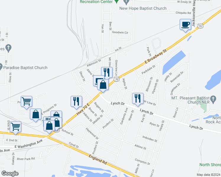 map of restaurants, bars, coffee shops, grocery stores, and more near 614 Middle Street in North Little Rock
