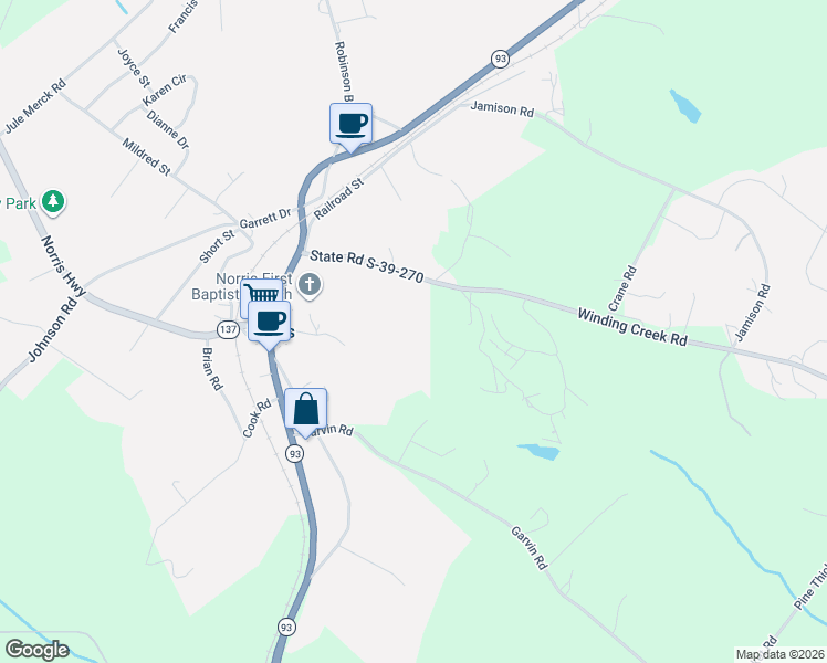 map of restaurants, bars, coffee shops, grocery stores, and more near 300 Winding Creek Road in Liberty
