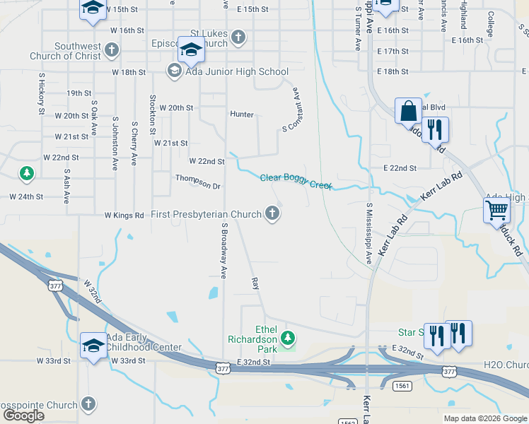 map of restaurants, bars, coffee shops, grocery stores, and more near 301 East Kings Road in Ada