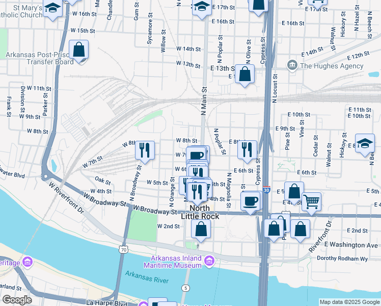 map of restaurants, bars, coffee shops, grocery stores, and more near 123 West 7th Street in North Little Rock