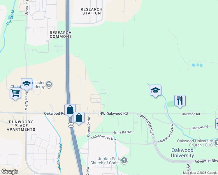 map of restaurants, bars, coffee shops, grocery stores, and more near 1818 Bethany Lane Northwest in Huntsville