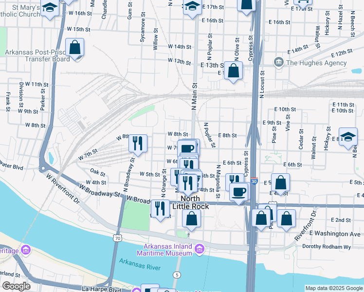 map of restaurants, bars, coffee shops, grocery stores, and more near 611 North Main Street in North Little Rock