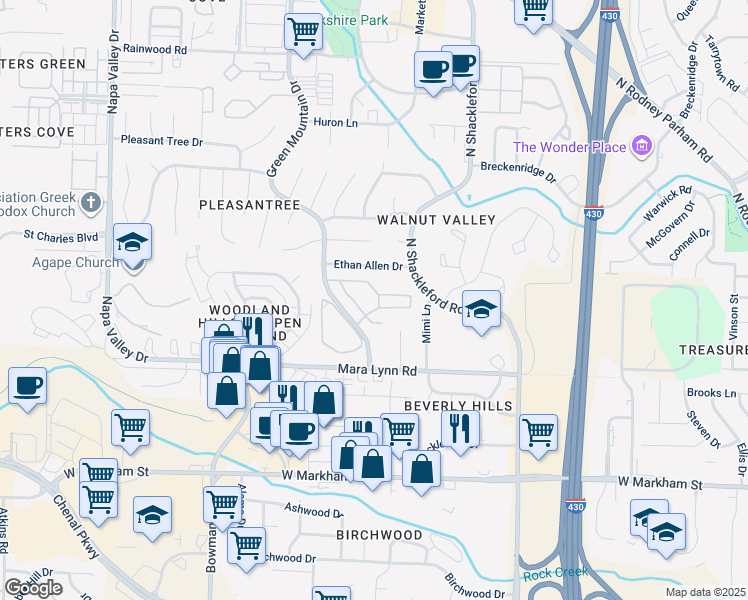 map of restaurants, bars, coffee shops, grocery stores, and more near 701 Green Mountain Drive in Little Rock