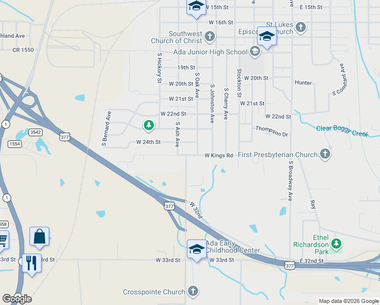 map of restaurants, bars, coffee shops, grocery stores, and more near 601 West Kings Road in Ada