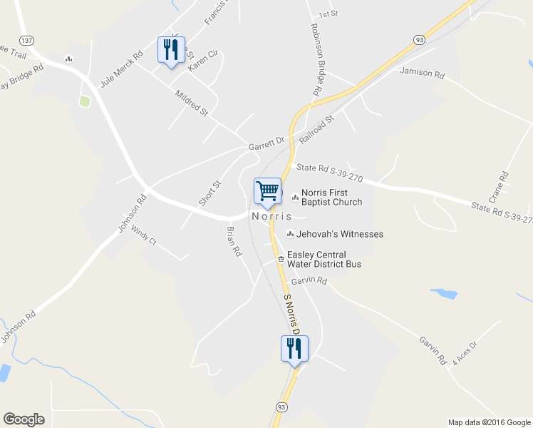 map of restaurants, bars, coffee shops, grocery stores, and more near 100 South Norris Drive in Norris