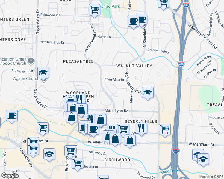 map of restaurants, bars, coffee shops, grocery stores, and more near 701 Green Mountain Drive in Little Rock
