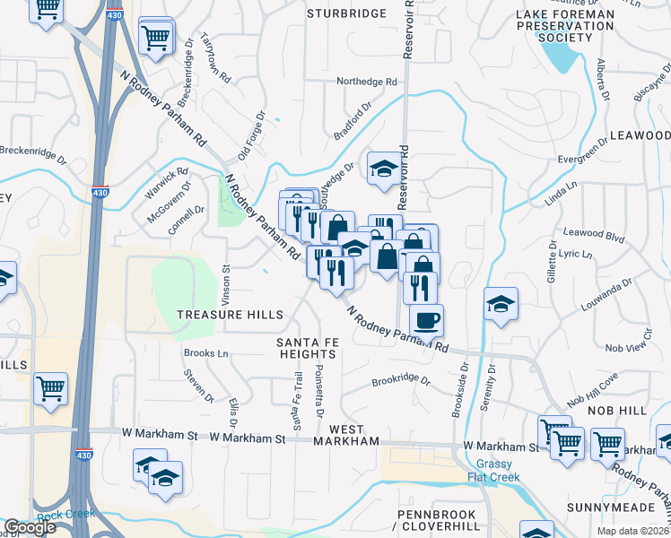map of restaurants, bars, coffee shops, grocery stores, and more near 9300 North Rodney Parham Road in Little Rock