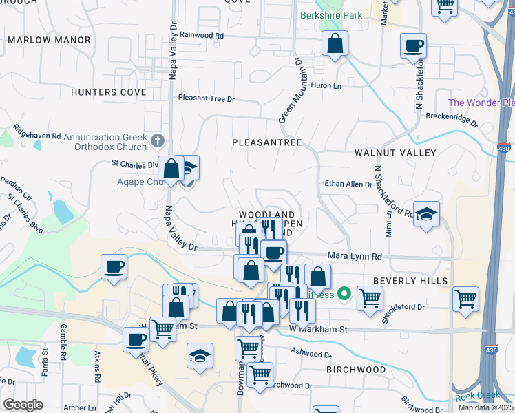 map of restaurants, bars, coffee shops, grocery stores, and more near 74 Woodlore Circle in Little Rock