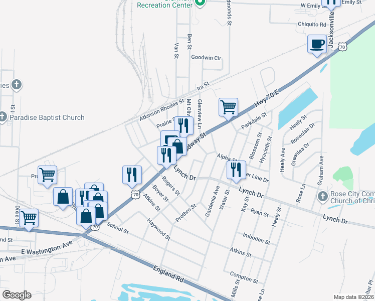 map of restaurants, bars, coffee shops, grocery stores, and more near 4704 East Broadway Street in North Little Rock