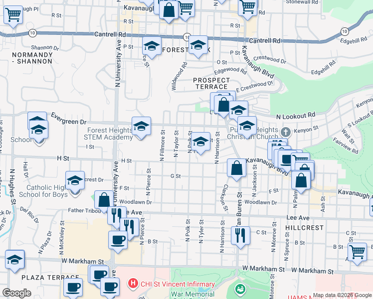 map of restaurants, bars, coffee shops, grocery stores, and more near 1101 North Polk Street in Little Rock