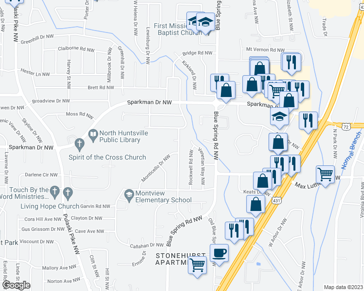 map of restaurants, bars, coffee shops, grocery stores, and more near 2629 Thornhill Road Northwest in Huntsville