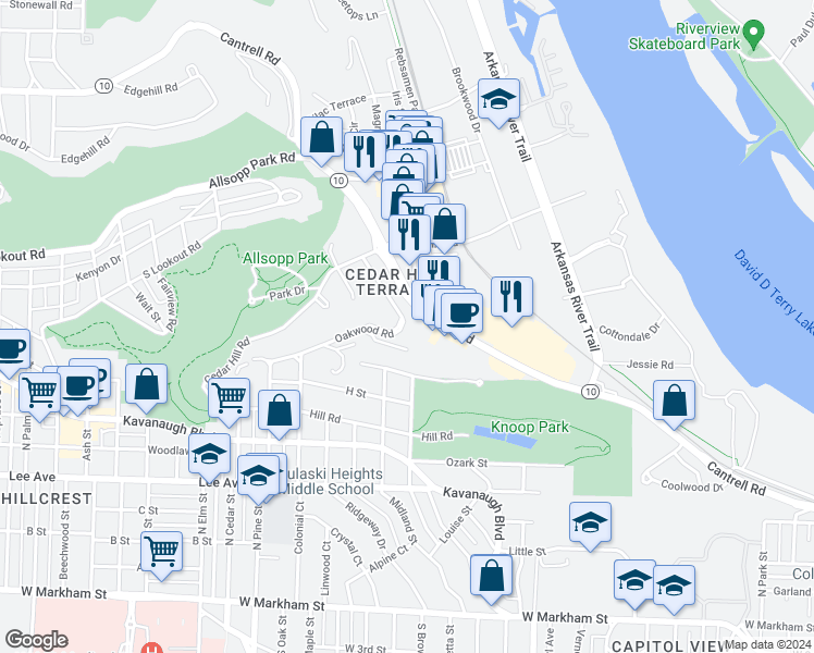 map of restaurants, bars, coffee shops, grocery stores, and more near 17 Oakwood Road in Little Rock