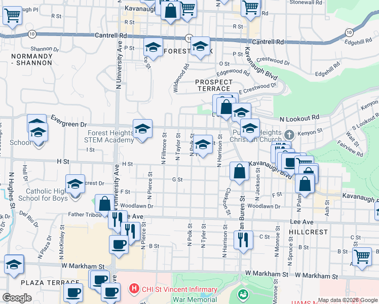 map of restaurants, bars, coffee shops, grocery stores, and more near 1101 North Polk Street in Little Rock
