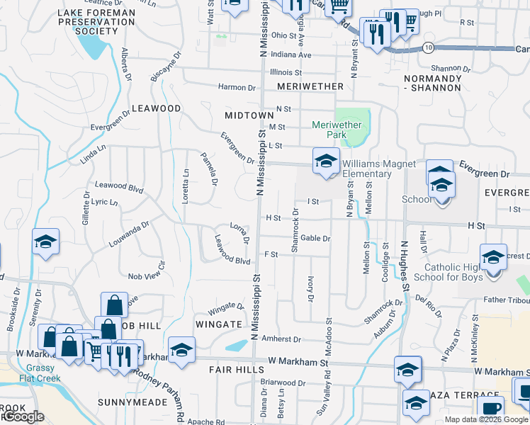 map of restaurants, bars, coffee shops, grocery stores, and more near 1001 North Mississippi Street in Little Rock