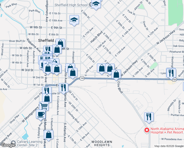 map of restaurants, bars, coffee shops, grocery stores, and more near 13th Avenue in Sheffield