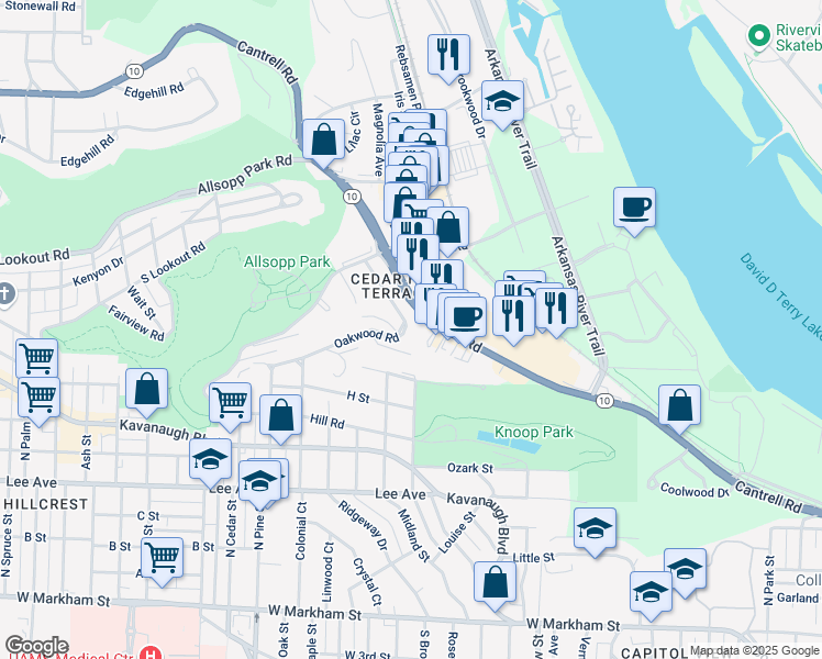 map of restaurants, bars, coffee shops, grocery stores, and more near 17 Oakwood Road in Little Rock