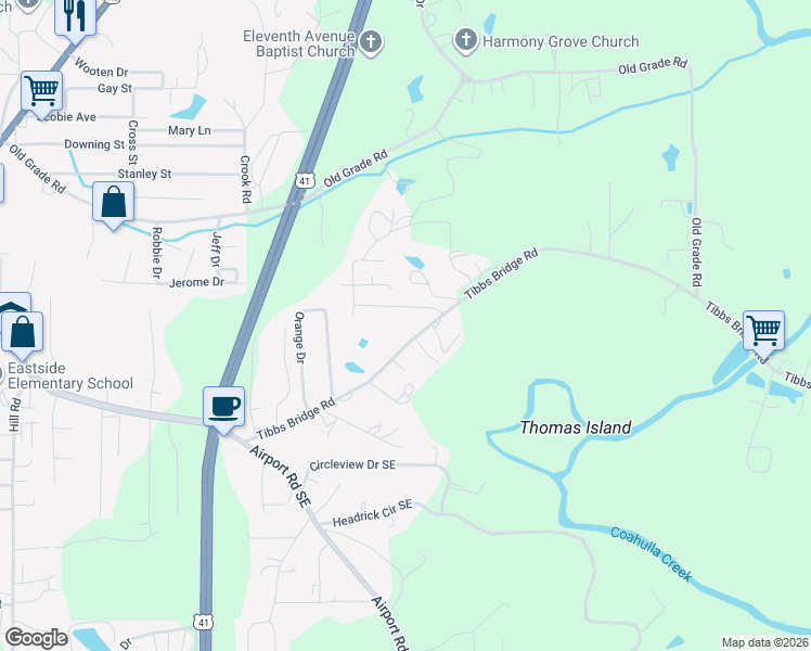 map of restaurants, bars, coffee shops, grocery stores, and more near 506 Robinwood Circle in Dalton