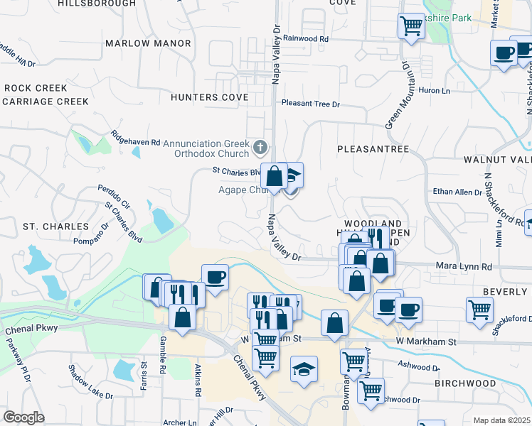 map of restaurants, bars, coffee shops, grocery stores, and more near 800 Napa Valley Drive in Little Rock