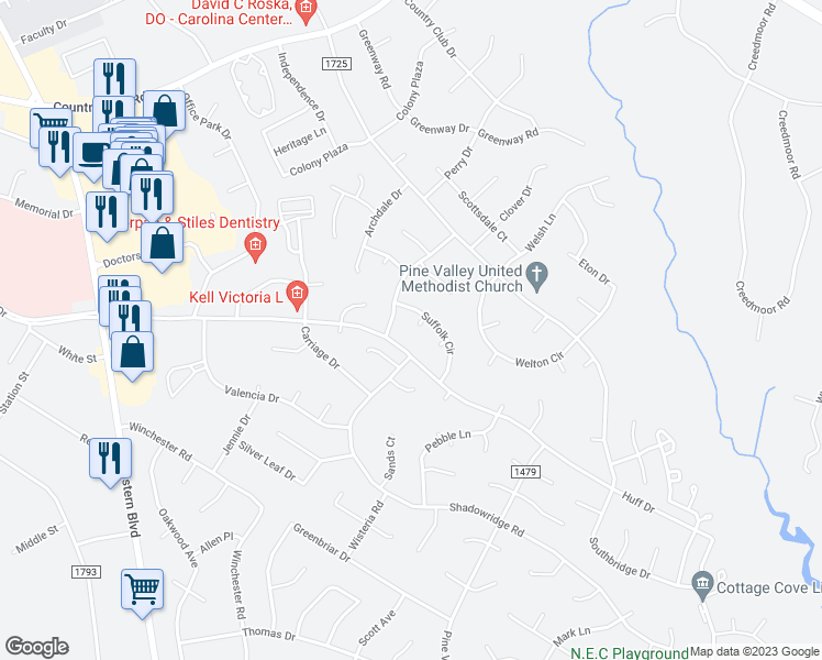 map of restaurants, bars, coffee shops, grocery stores, and more near 204 Suffolk Court in Jacksonville