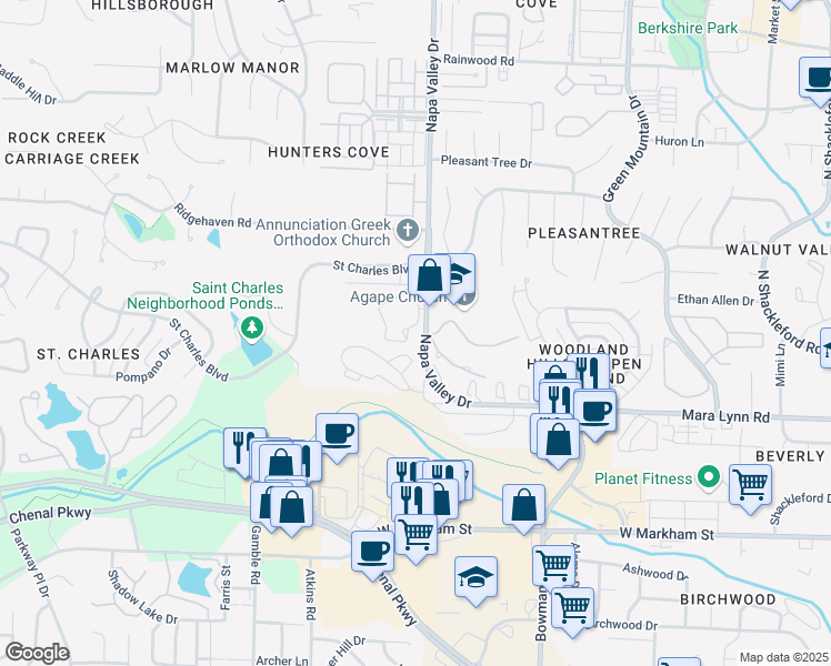 map of restaurants, bars, coffee shops, grocery stores, and more near 800 Napa Valley Drive in Little Rock