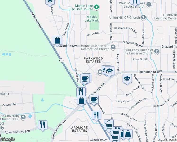map of restaurants, bars, coffee shops, grocery stores, and more near 2619 Dry Creek Drive Northwest in Huntsville