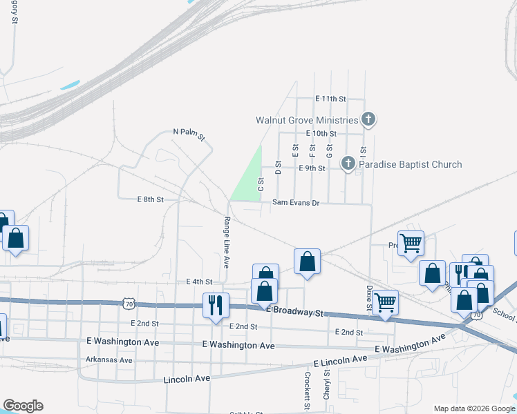 map of restaurants, bars, coffee shops, grocery stores, and more near 800 C Street in North Little Rock