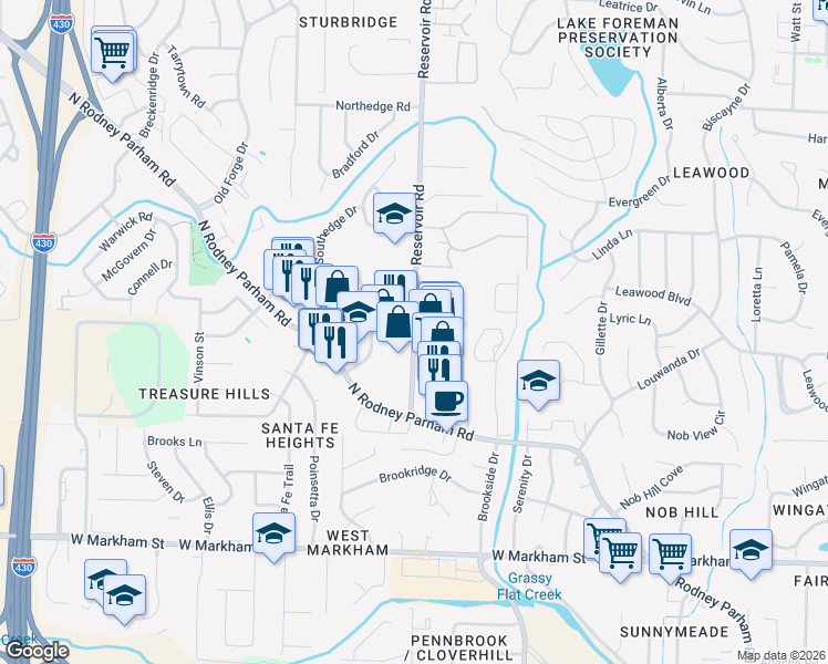 map of restaurants, bars, coffee shops, grocery stores, and more near 73 Reservoir Heights Drive in Little Rock