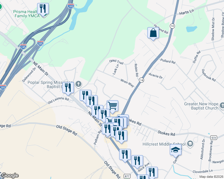 map of restaurants, bars, coffee shops, grocery stores, and more near 225 Douglas Drive in Simpsonville