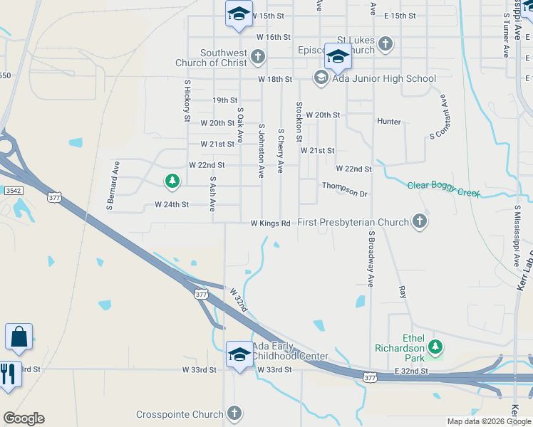 map of restaurants, bars, coffee shops, grocery stores, and more near 1311 South Johnston Avenue in Ada