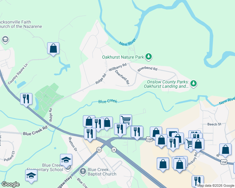 map of restaurants, bars, coffee shops, grocery stores, and more near 104 Riverbend Road in Jacksonville
