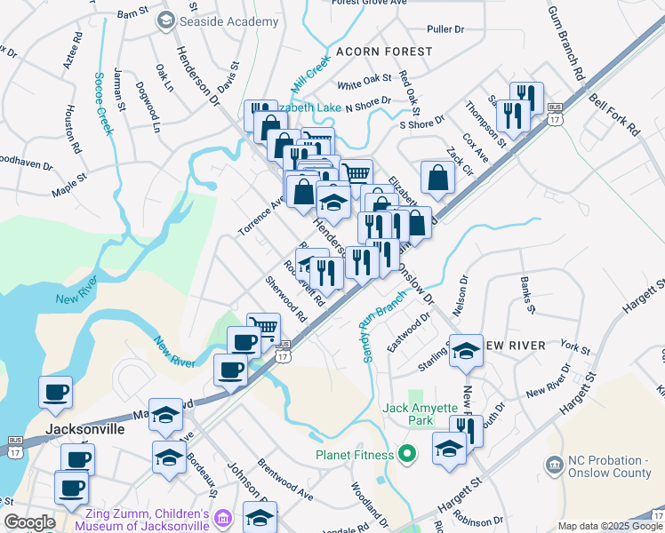 map of restaurants, bars, coffee shops, grocery stores, and more near 113 Henderson Drive in Jacksonville