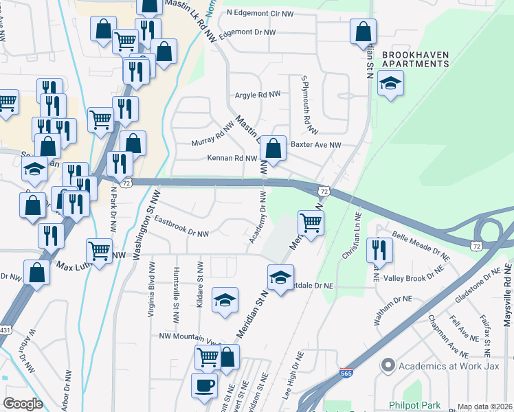 map of restaurants, bars, coffee shops, grocery stores, and more near 501 Laurel Drive Northwest in Huntsville