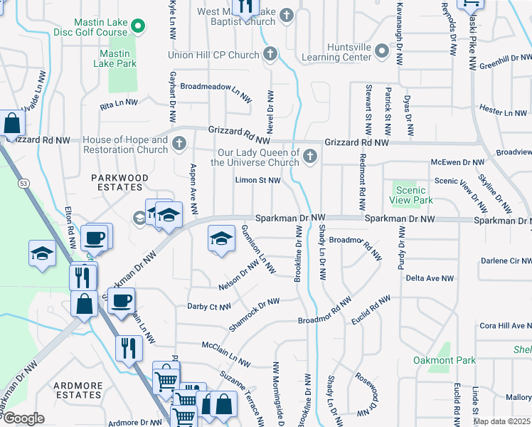 map of restaurants, bars, coffee shops, grocery stores, and more near 2604 Pitkin Lane Northwest in Huntsville
