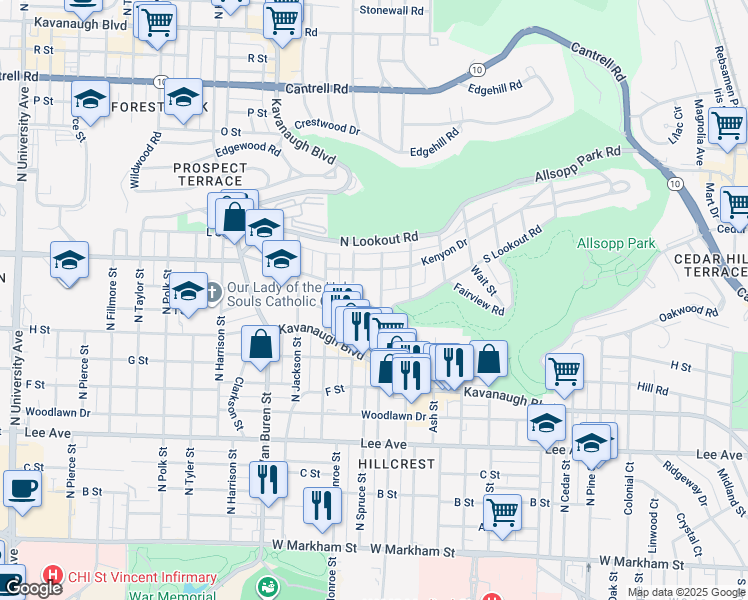 map of restaurants, bars, coffee shops, grocery stores, and more near 1019 North Palm Street in Little Rock