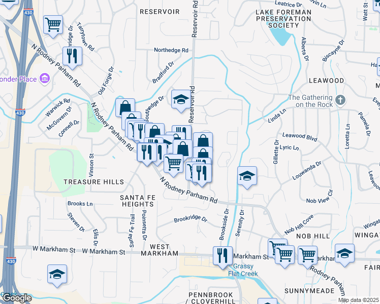 map of restaurants, bars, coffee shops, grocery stores, and more near 73 Reservoir Heights Drive in Little Rock