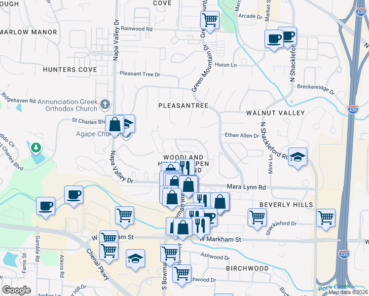 map of restaurants, bars, coffee shops, grocery stores, and more near 74 Woodlore Circle in Little Rock
