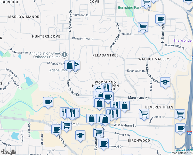 map of restaurants, bars, coffee shops, grocery stores, and more near 4 Pine Way Court in Little Rock