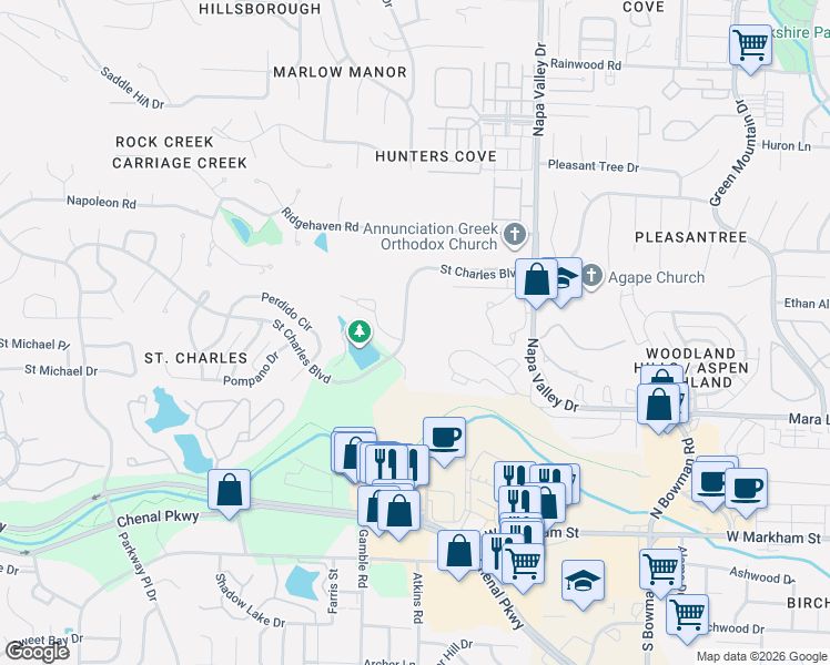 map of restaurants, bars, coffee shops, grocery stores, and more near 12812 Saint Charles Boulevard in Little Rock