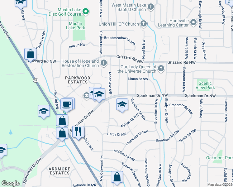map of restaurants, bars, coffee shops, grocery stores, and more near 4700 Sparkman Drive Northwest in Huntsville