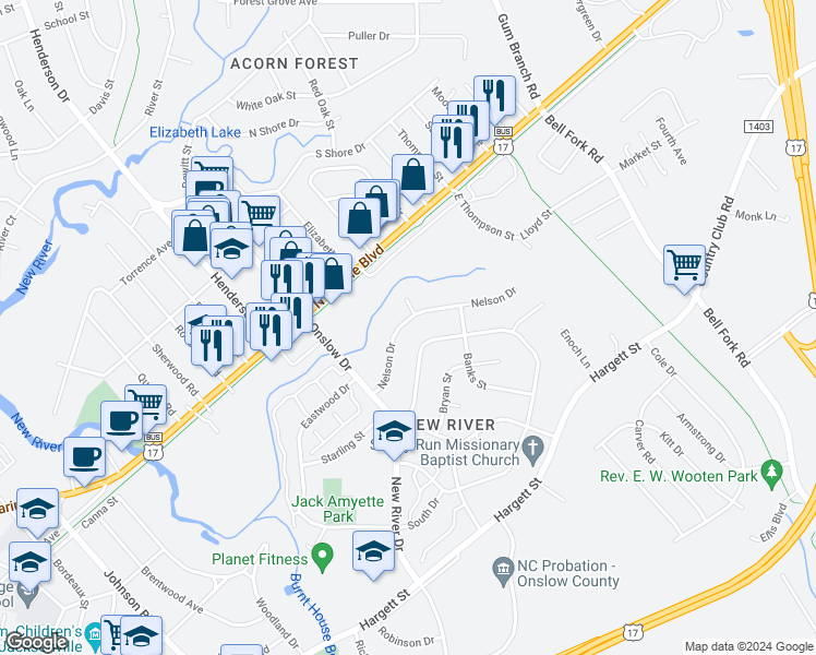 map of restaurants, bars, coffee shops, grocery stores, and more near 422 Nelson Drive in Jacksonville