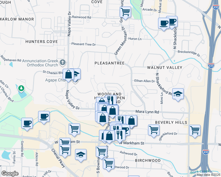 map of restaurants, bars, coffee shops, grocery stores, and more near 74 Woodlore Circle in Little Rock